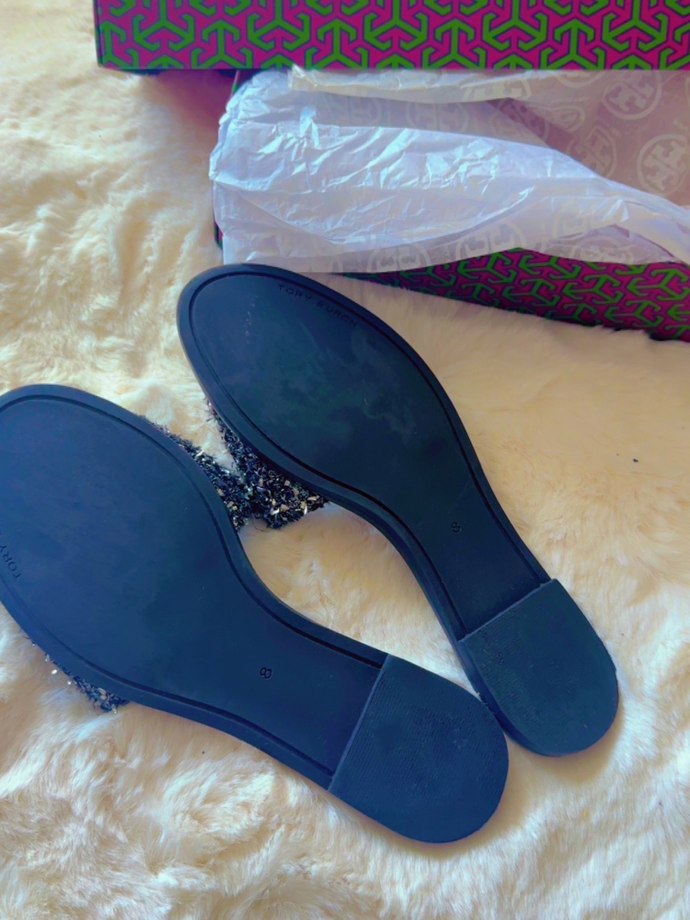 Tory Burch Black Tweed Logo Slide Sandals with Silver Emblem - Picture 4 of 5